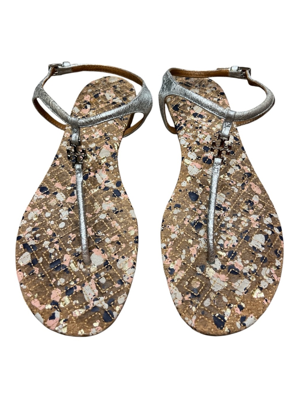 Tory Burch Marion Confetti T-Strap Metallic Silver Thong Sandals Cork Footbed